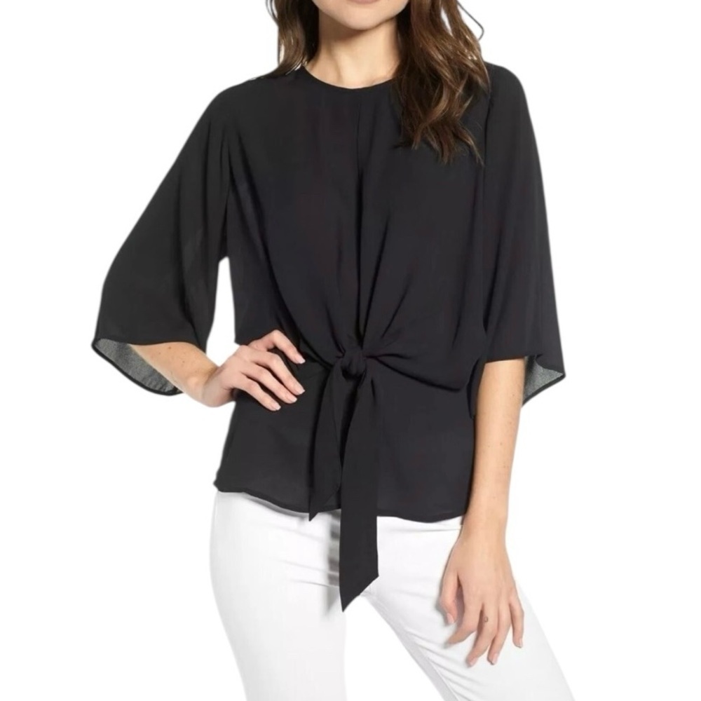 CHELSEA 28 Tie Front Black Peplum Keyhole Bell Sleeve Flowy Top Sz XXS
